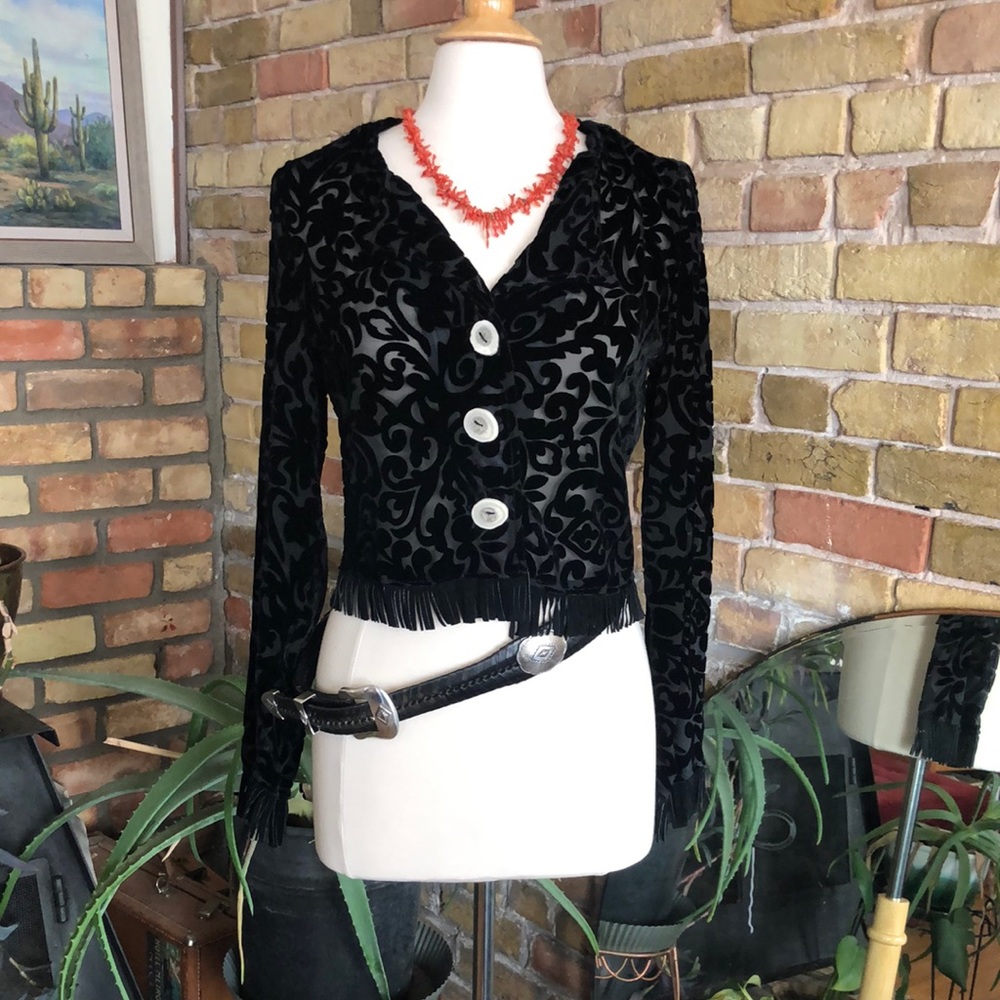 Vintage Vamp cowgirl black velvet shirt with fringe and deer antler buttons.